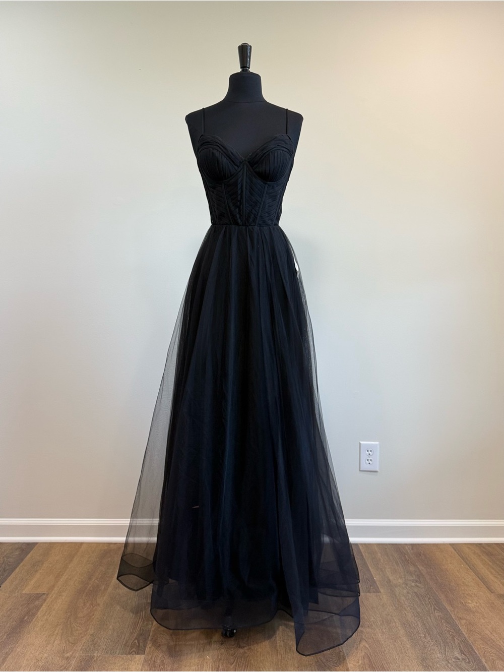 La Femme Black Tulle Prom Gown with Corset Bodice